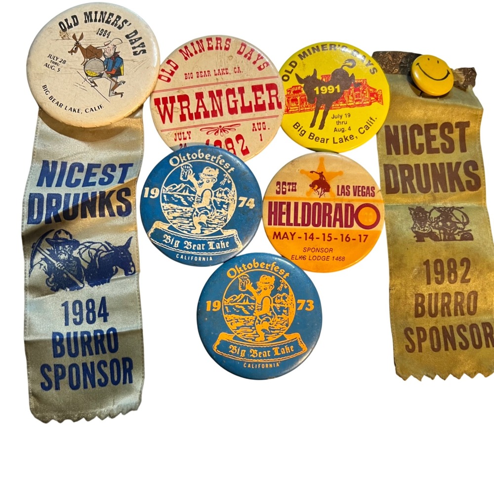 Vintage Big Bear Lake Old Miners Days Oktoberfest Pins Ribbons Lot 1970s 1980s